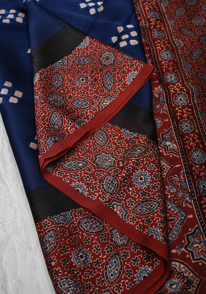 Modal Silk Saree with Bandhni Ajrakh Fusion in Dark Sapphire