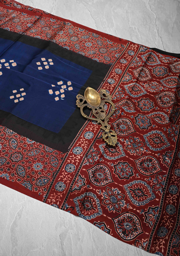 Modal Silk Saree with Bandhni Ajrakh Fusion in Dark Sapphire