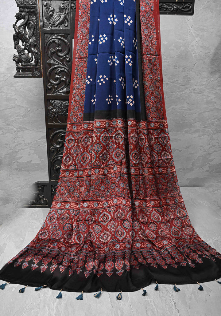 Modal Silk Saree with Bandhni Ajrakh Fusion in Dark Sapphire
