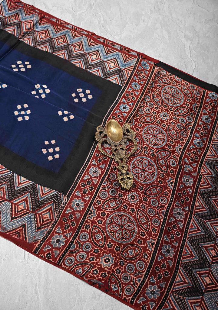 Modal Silk Saree with Bandhni Ajrakh Fusion in Dark Sapphire