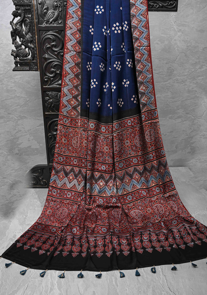 Modal Silk Saree with Bandhni Ajrakh Fusion in Dark Sapphire