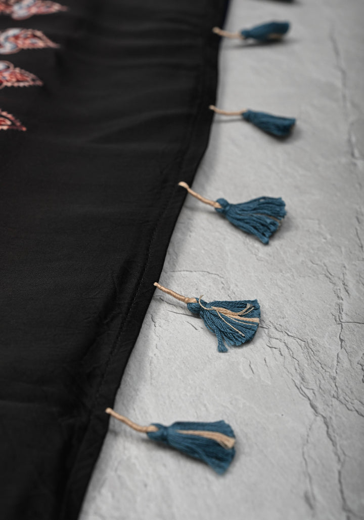 Modal Silk Saree with Bandhni Ajrakh Fusion in Dark Sapphire