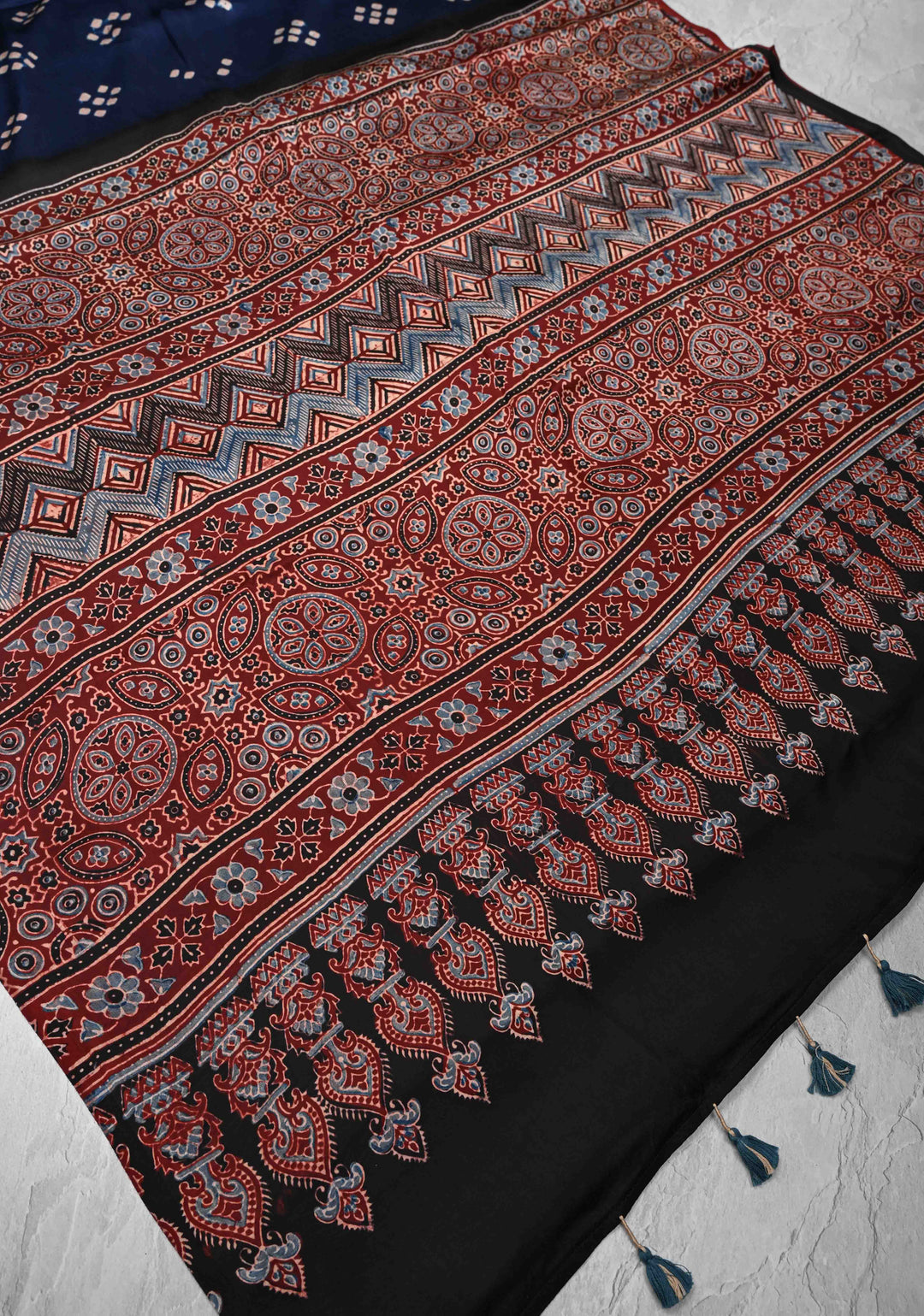 Modal Silk Saree with Bandhni Ajrakh Fusion in Dark Sapphire