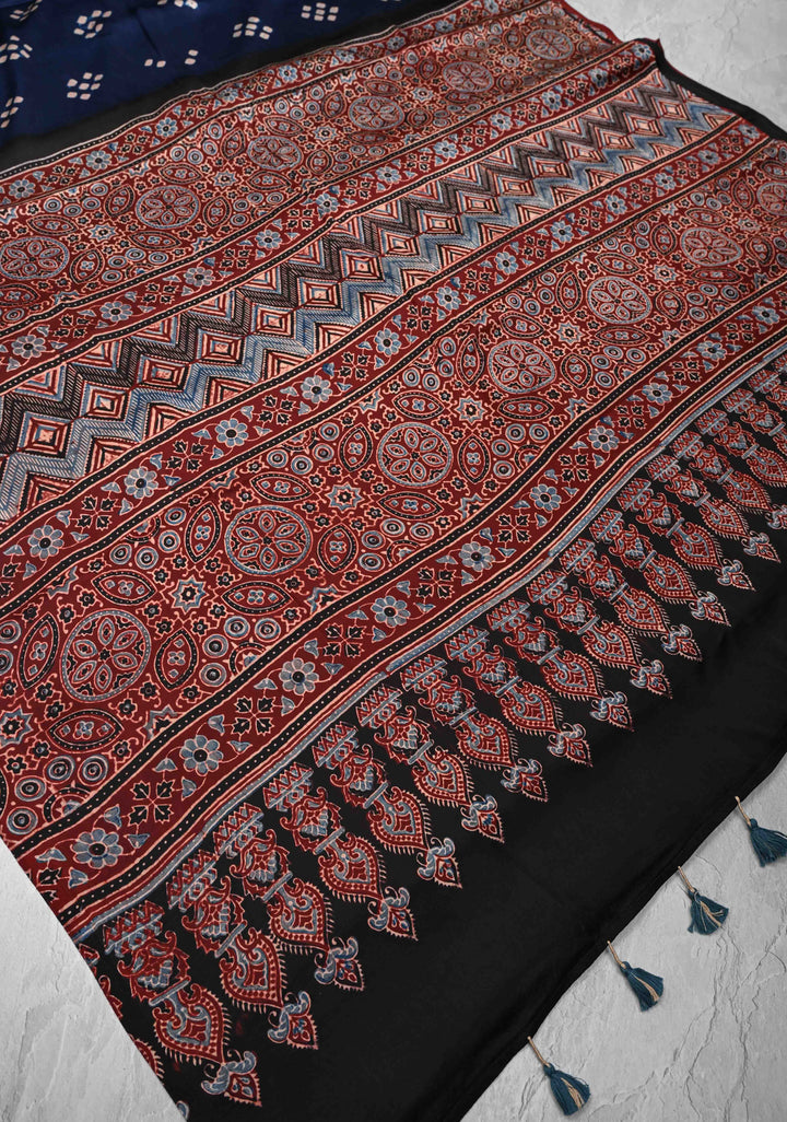 Modal Silk Saree with Bandhni Ajrakh Fusion in Dark Sapphire