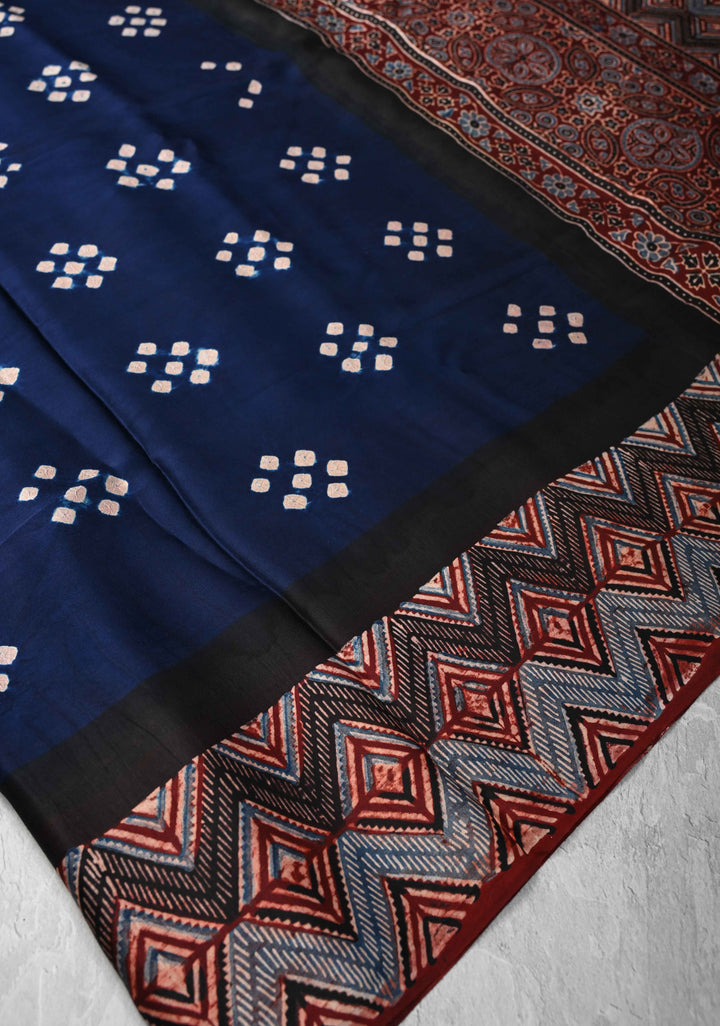 Modal Silk Saree with Bandhni Ajrakh Fusion in Dark Sapphire