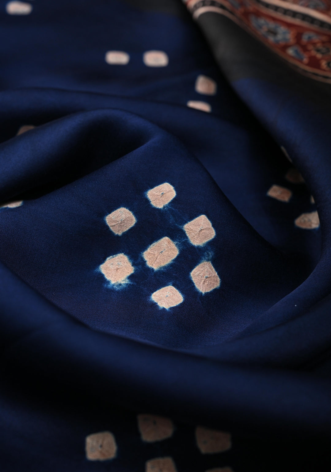 Modal Silk Saree with Bandhni Ajrakh Fusion in Dark Sapphire