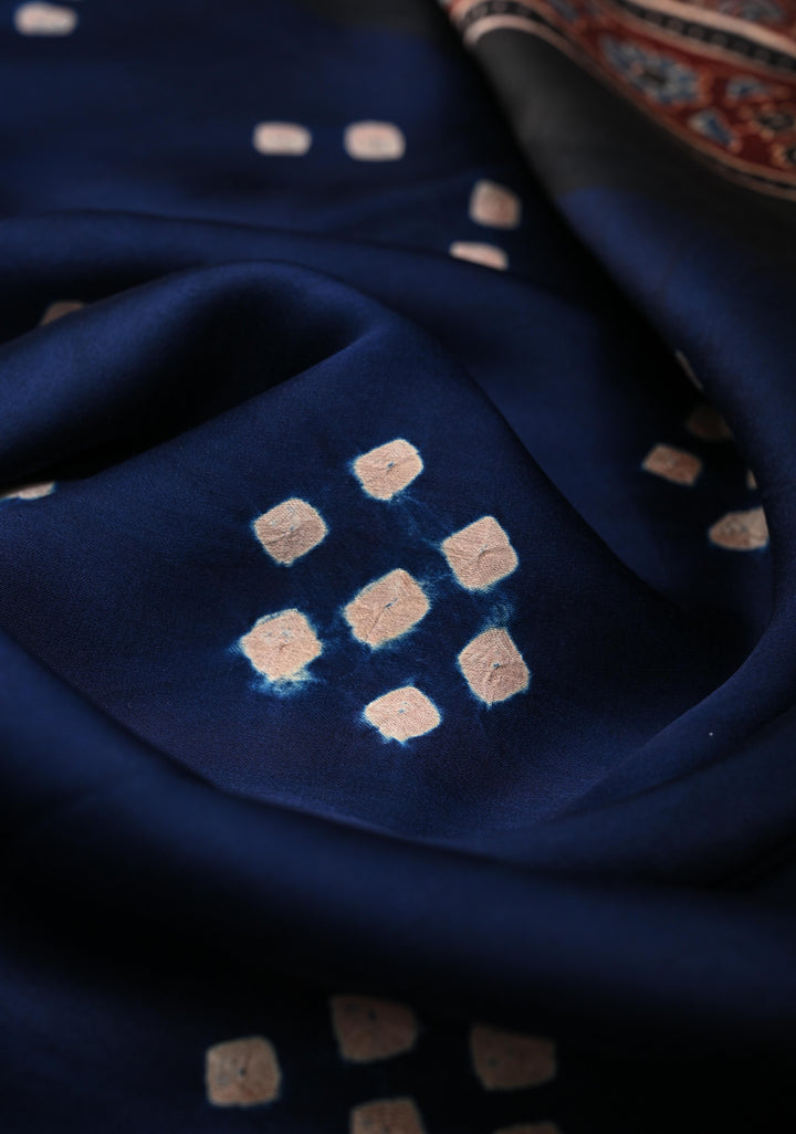 Modal Silk Saree with Bandhni Ajrakh Fusion in Dark Sapphire