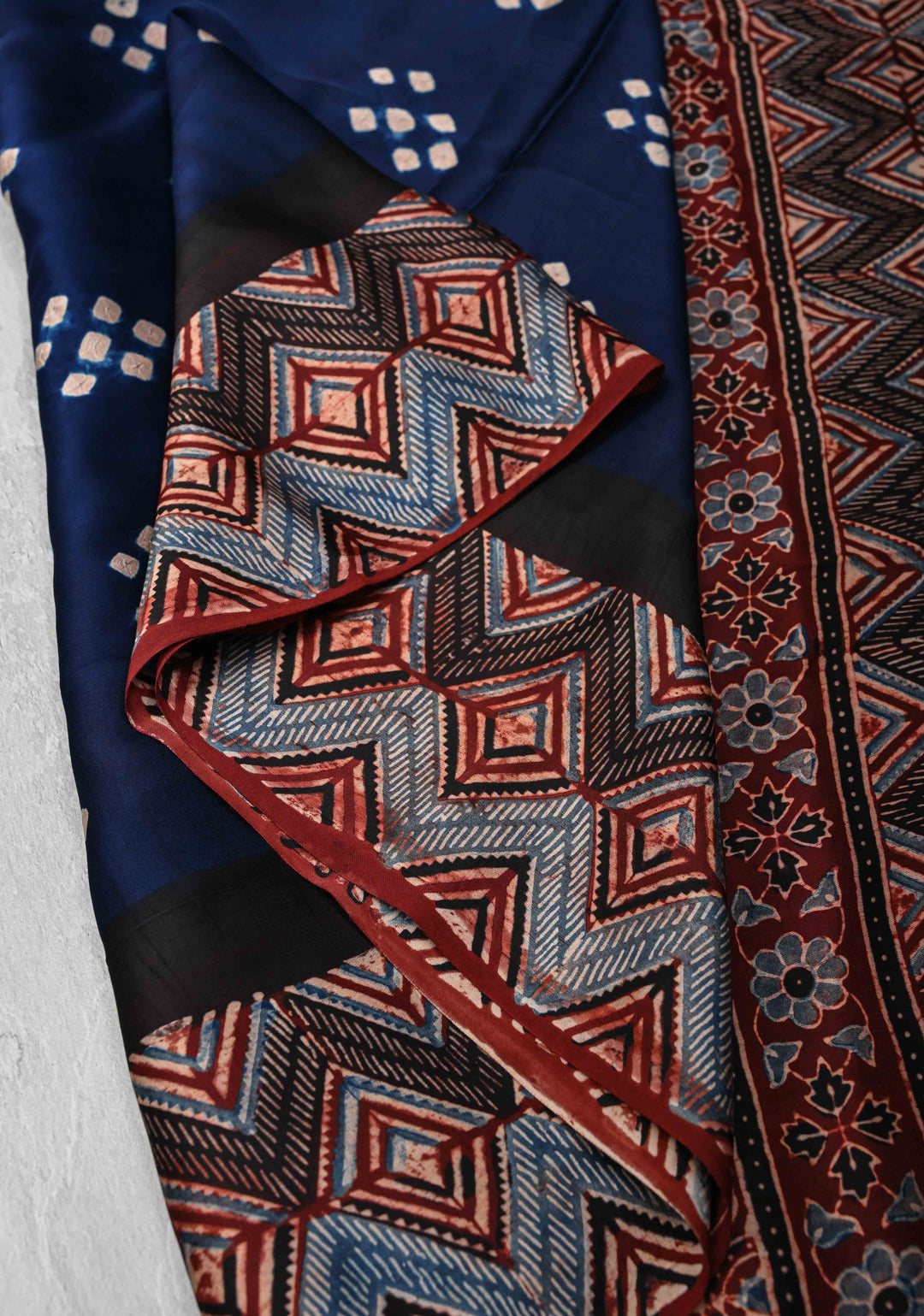 Modal Silk Saree with Bandhni Ajrakh Fusion in Dark Sapphire
