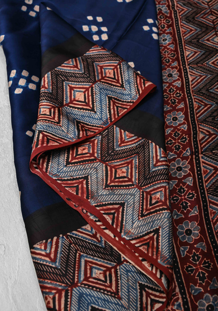Modal Silk Saree with Bandhni Ajrakh Fusion in Dark Sapphire