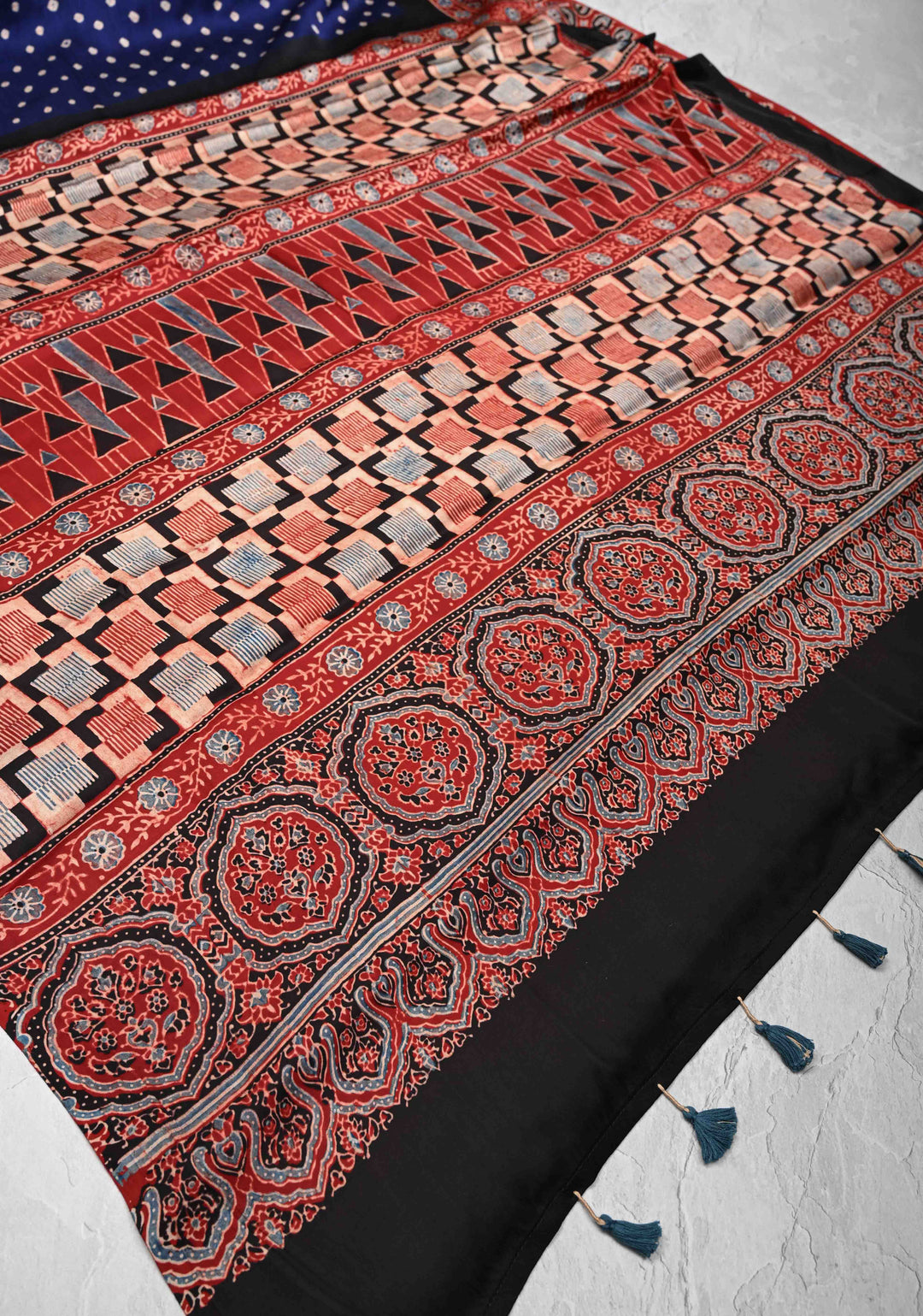Modal Silk Saree with Bandhni Ajrakh Fusion in Berry Blue