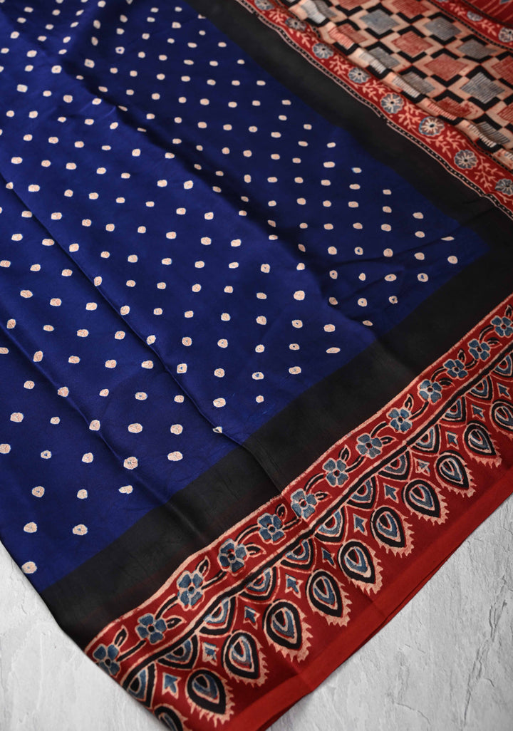 Modal Silk Saree with Bandhni Ajrakh Fusion in Berry Blue