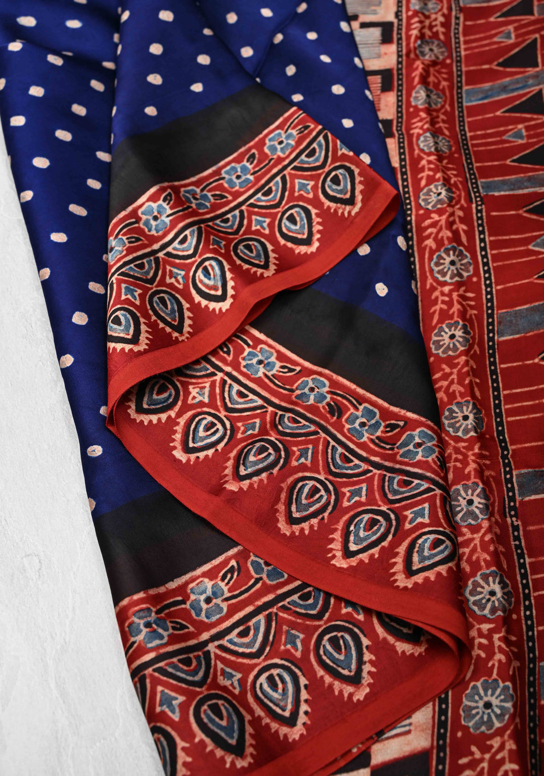 Modal Silk Saree with Bandhni Ajrakh Fusion in Berry Blue