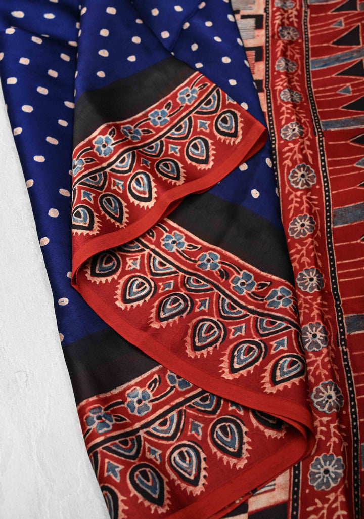 Modal Silk Saree with Bandhni Ajrakh Fusion in Berry Blue