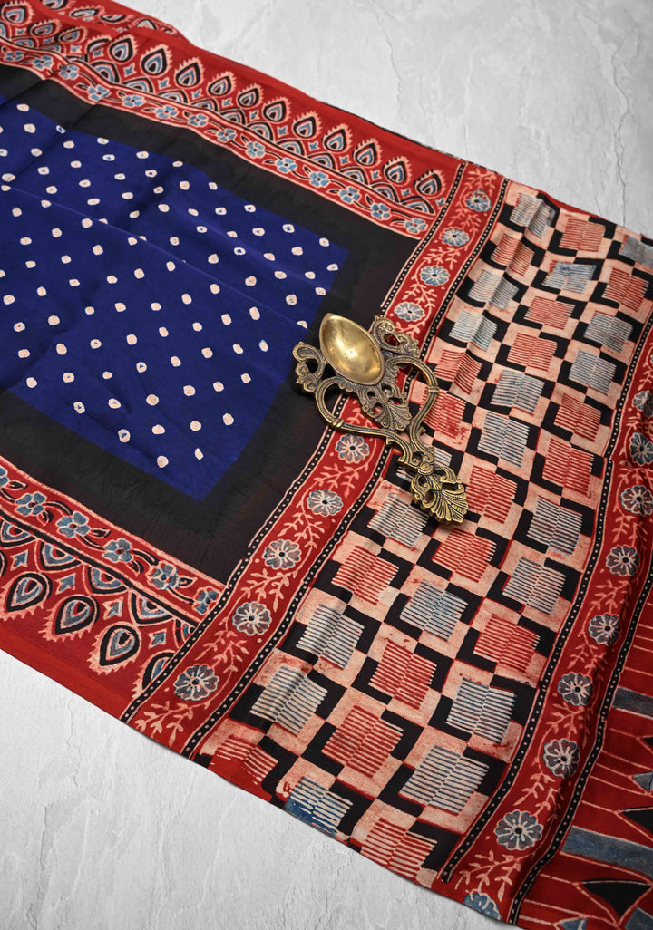 Modal Silk Saree with Bandhni Ajrakh Fusion in Berry Blue