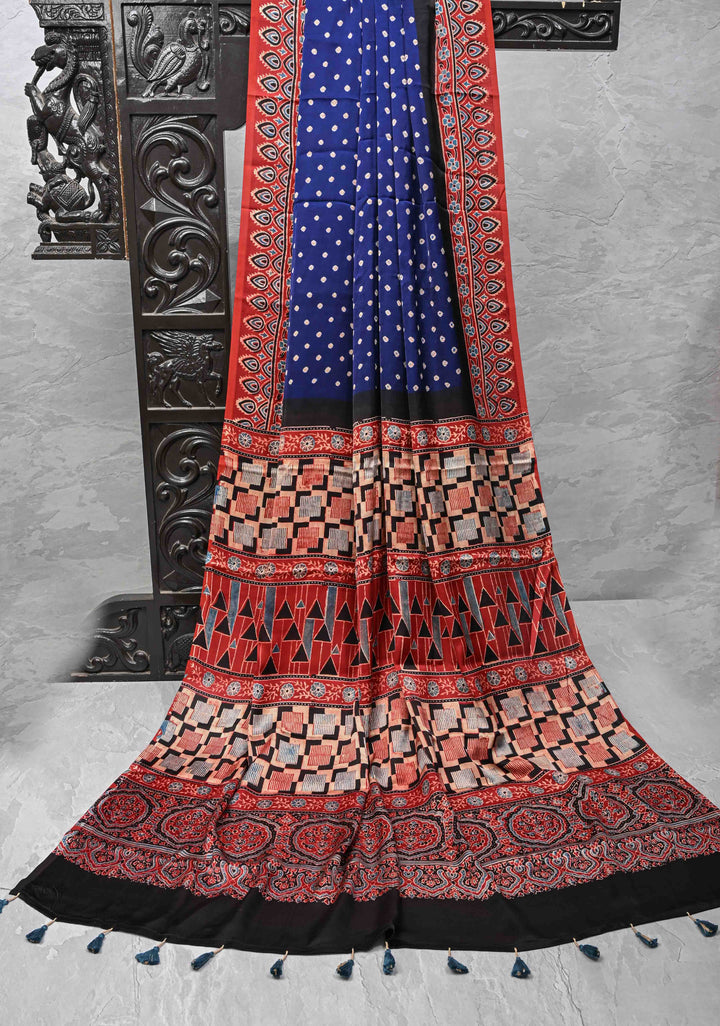 Modal Silk Saree with Bandhni Ajrakh Fusion in Berry Blue