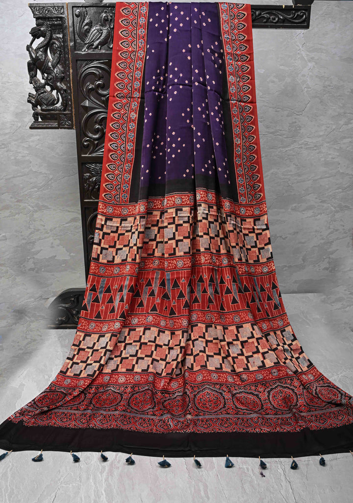 Blue Purple Modal Silk Saree in Bandhni Ajrakh Fusion red contrast