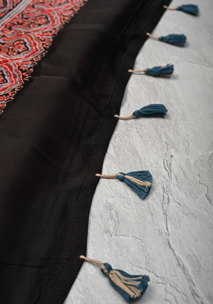 Blue Purple Modal Silk Saree in Bandhni Ajrakh Fusion red contrast