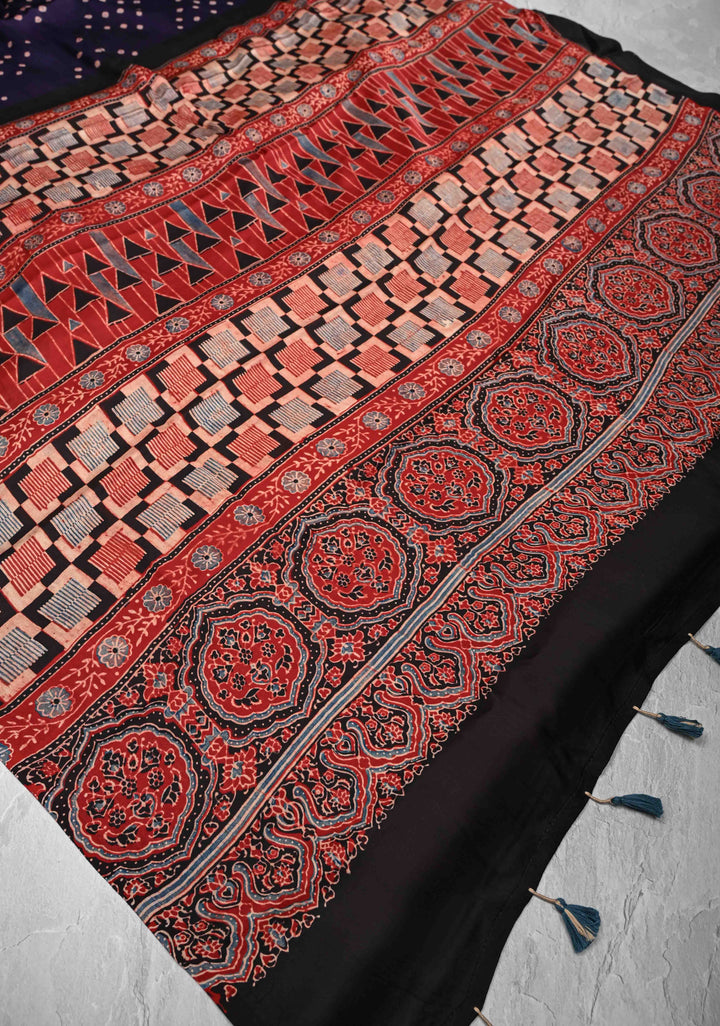 Blue Purple Modal Silk Saree in Bandhni Ajrakh Fusion red contrast