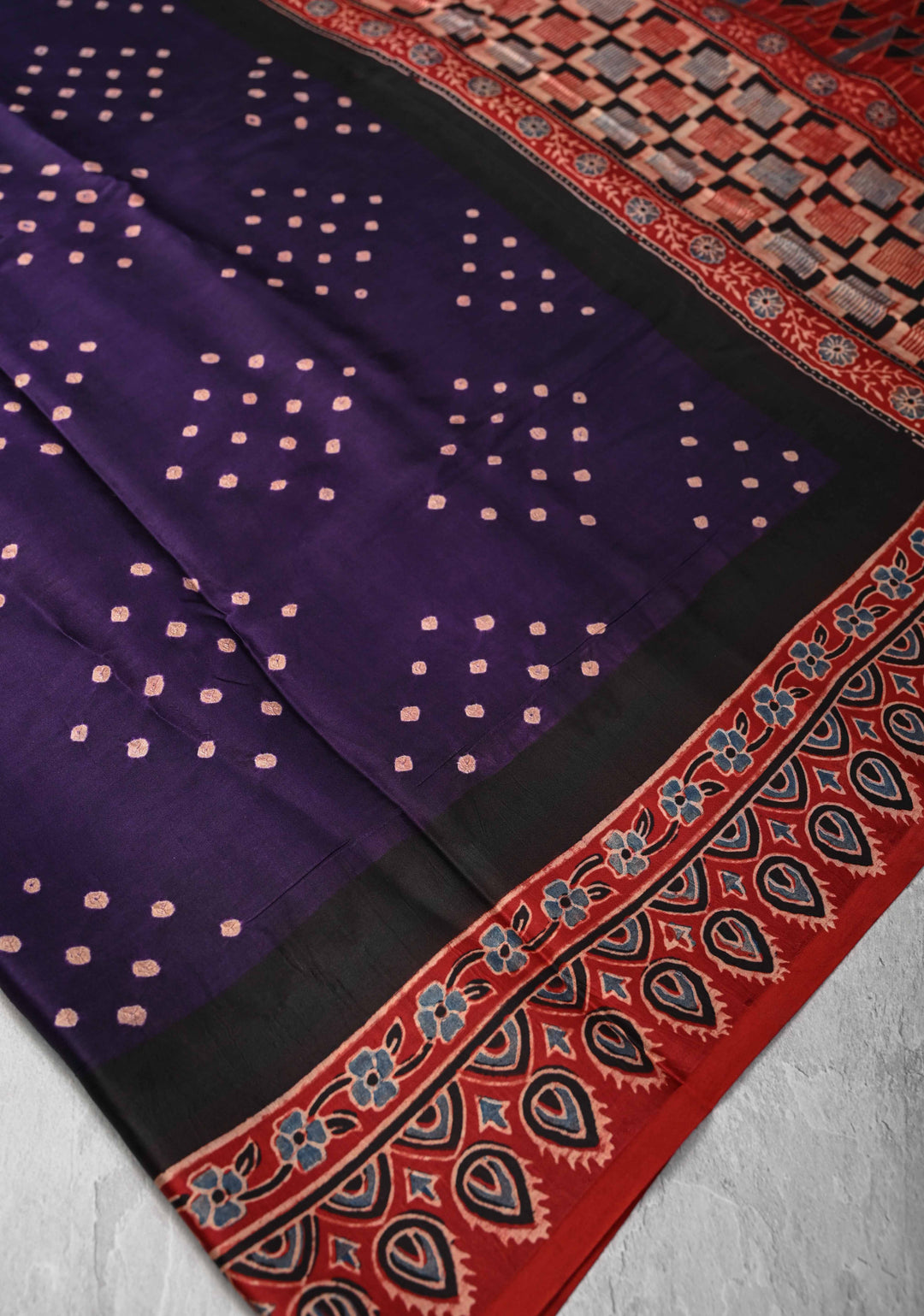 Blue Purple Modal Silk Saree in Bandhni Ajrakh Fusion red contrast
