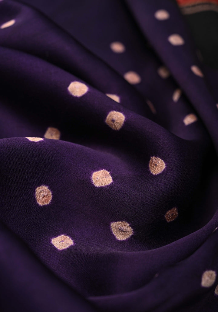 Blue Purple Modal Silk Saree in Bandhni Ajrakh Fusion red contrast