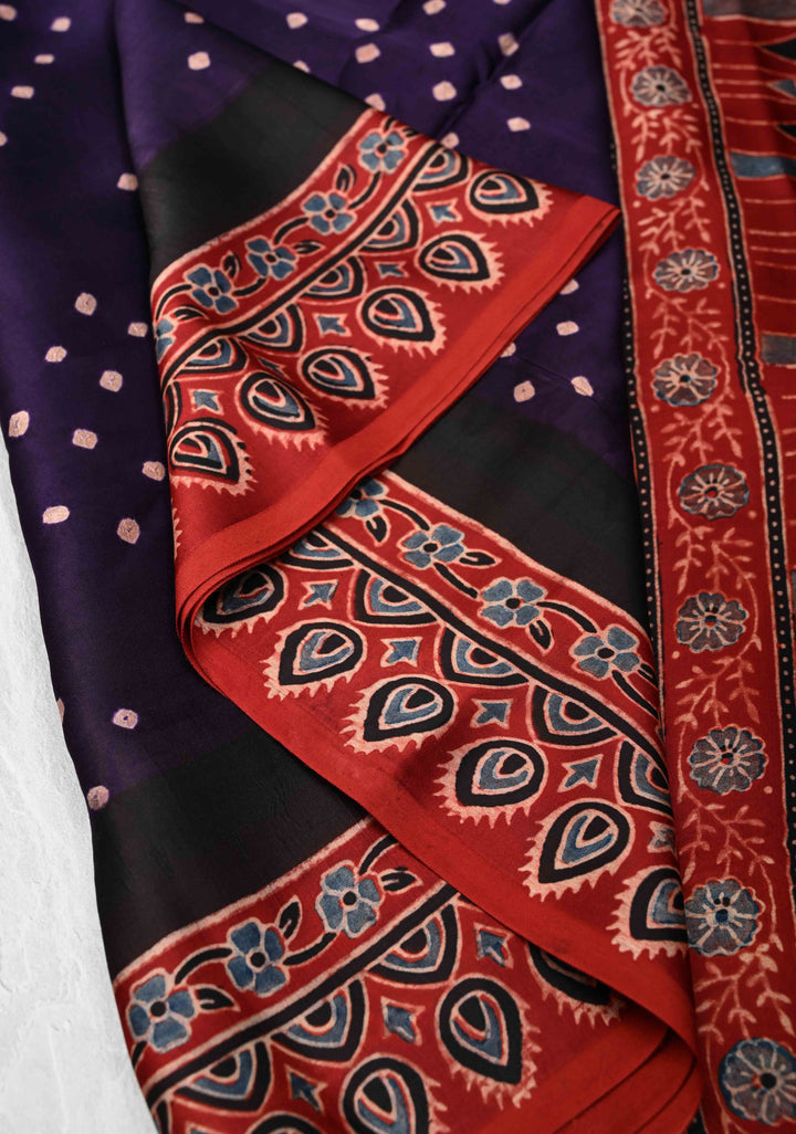 Blue Purple Modal Silk Saree in Bandhni Ajrakh Fusion red contrast