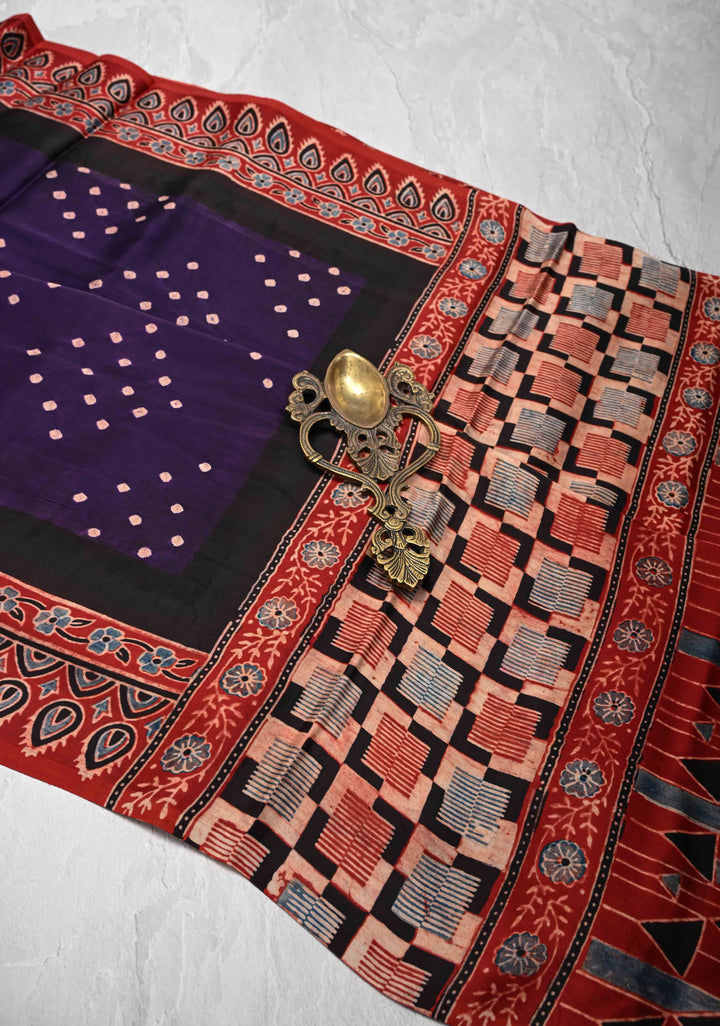 Blue Purple Modal Silk Saree in Bandhni Ajrakh Fusion red contrast