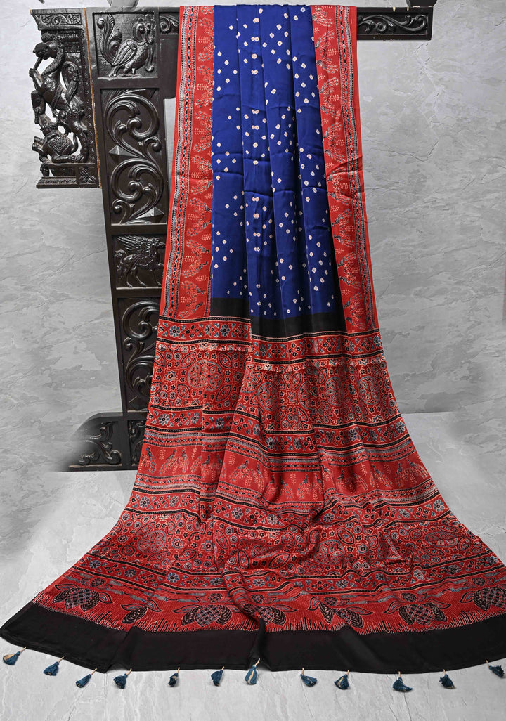 Navy Blue Modal Silk Saree in Bandhni Ajrakh Fusion Saree with contrast red border