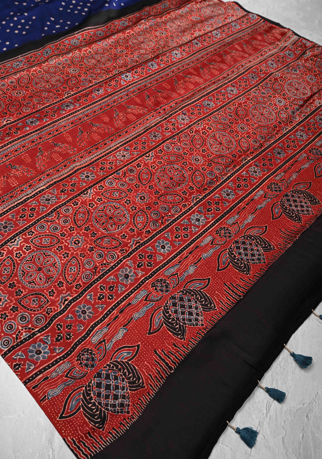 Navy Blue Modal Silk Saree in Bandhni Ajrakh Fusion Saree with contrast red border