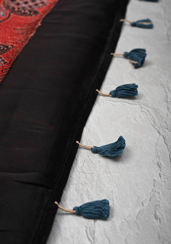 Navy Blue Modal Silk Saree in Bandhni Ajrakh Fusion Saree with contrast red border