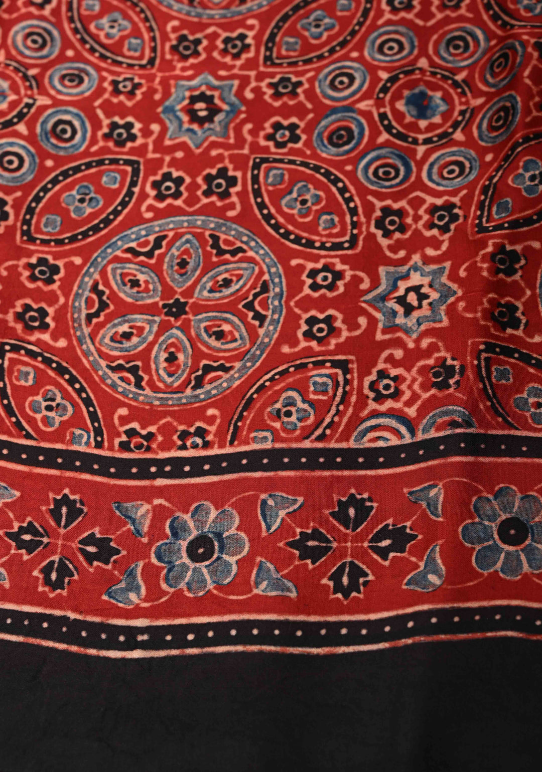 Navy Blue Modal Silk Saree in Bandhni Ajrakh Fusion Saree with contrast red border