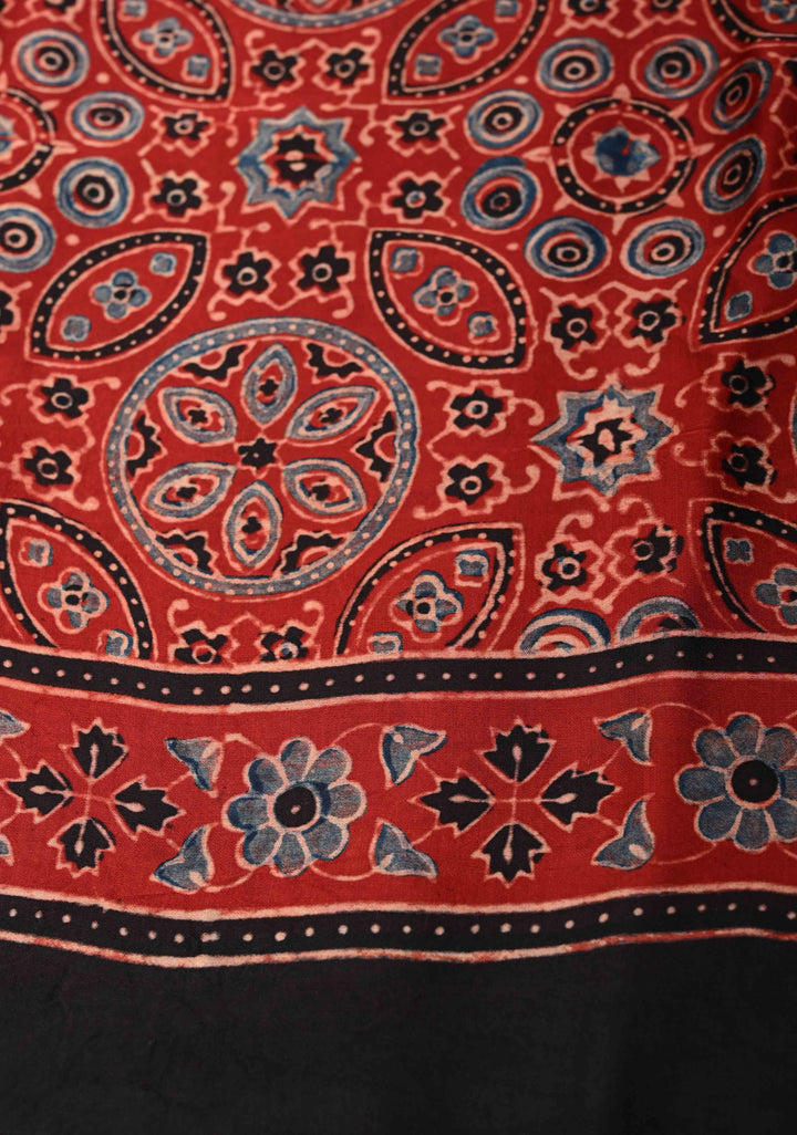 Navy Blue Modal Silk Saree in Bandhni Ajrakh Fusion Saree with contrast red border