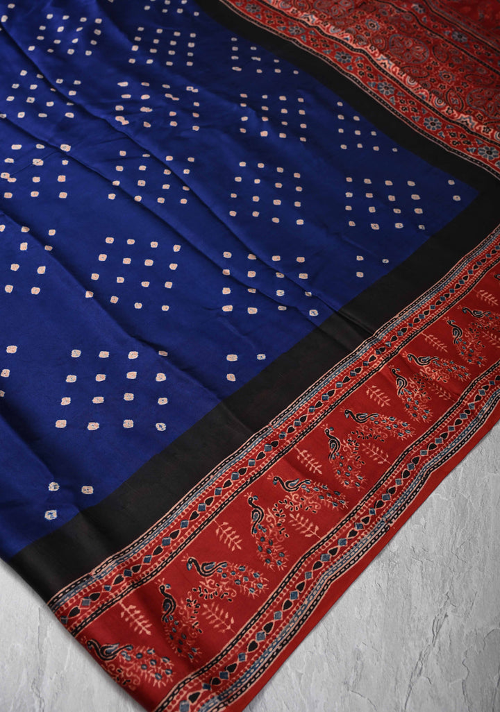 Navy Blue Modal Silk Saree in Bandhni Ajrakh Fusion Saree with contrast red border