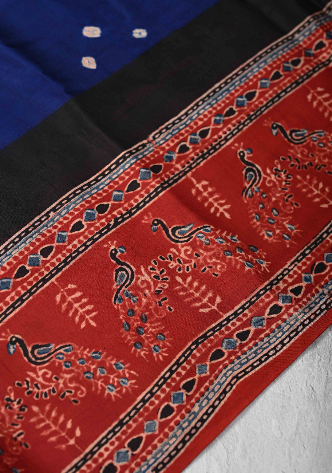Navy Blue Modal Silk Saree in Bandhni Ajrakh Fusion Saree with contrast red border