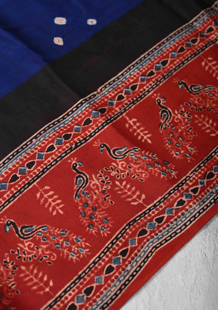 Navy Blue Modal Silk Saree in Bandhni Ajrakh Fusion Saree with contrast red border