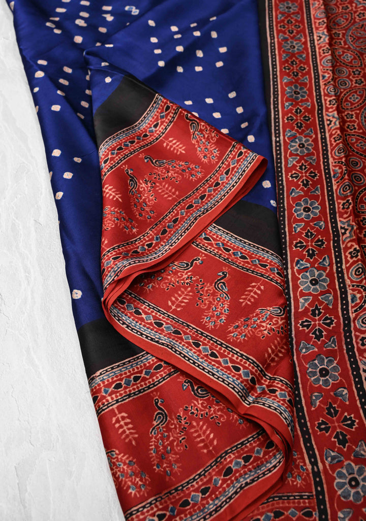 Navy Blue Modal Silk Saree in Bandhni Ajrakh Fusion Saree with contrast red border