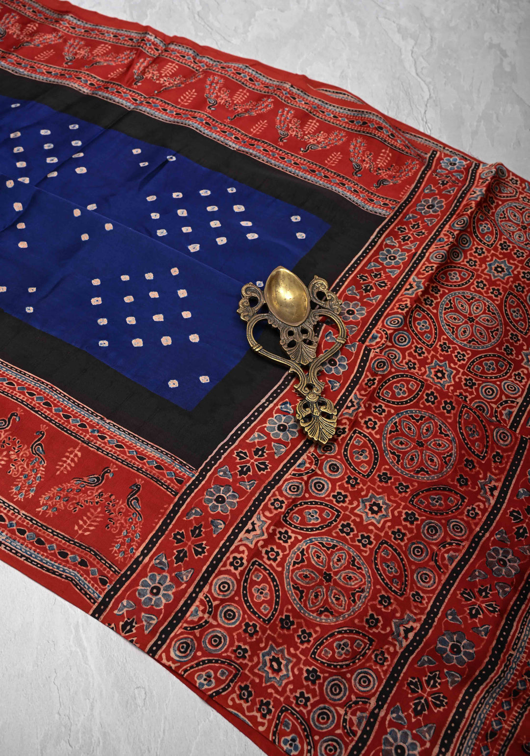 Navy Blue Modal Silk Saree in Bandhni Ajrakh Fusion Saree with contrast red border