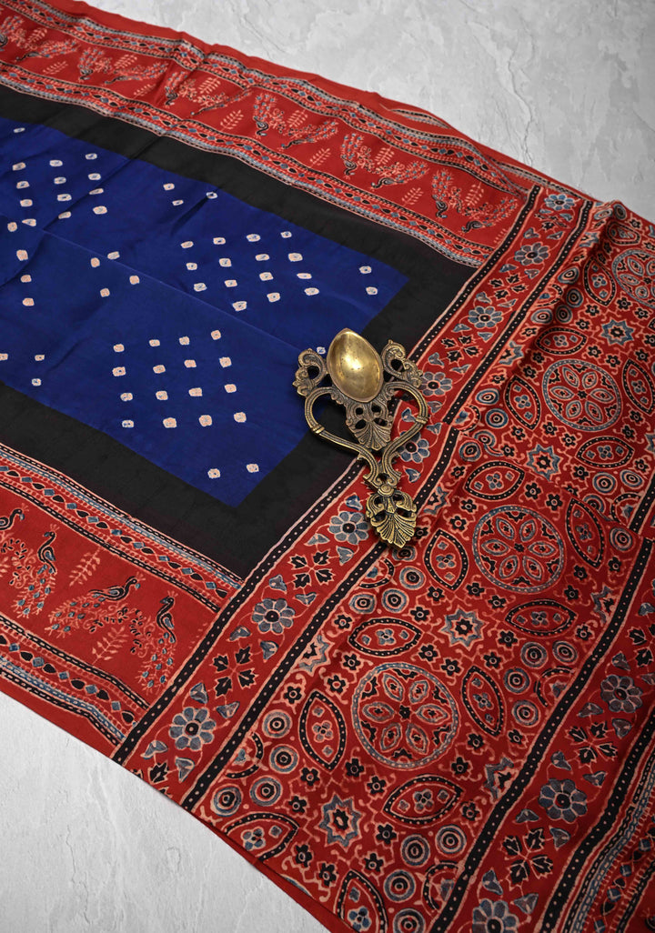 Navy Blue Modal Silk Saree in Bandhni Ajrakh Fusion Saree with contrast red border