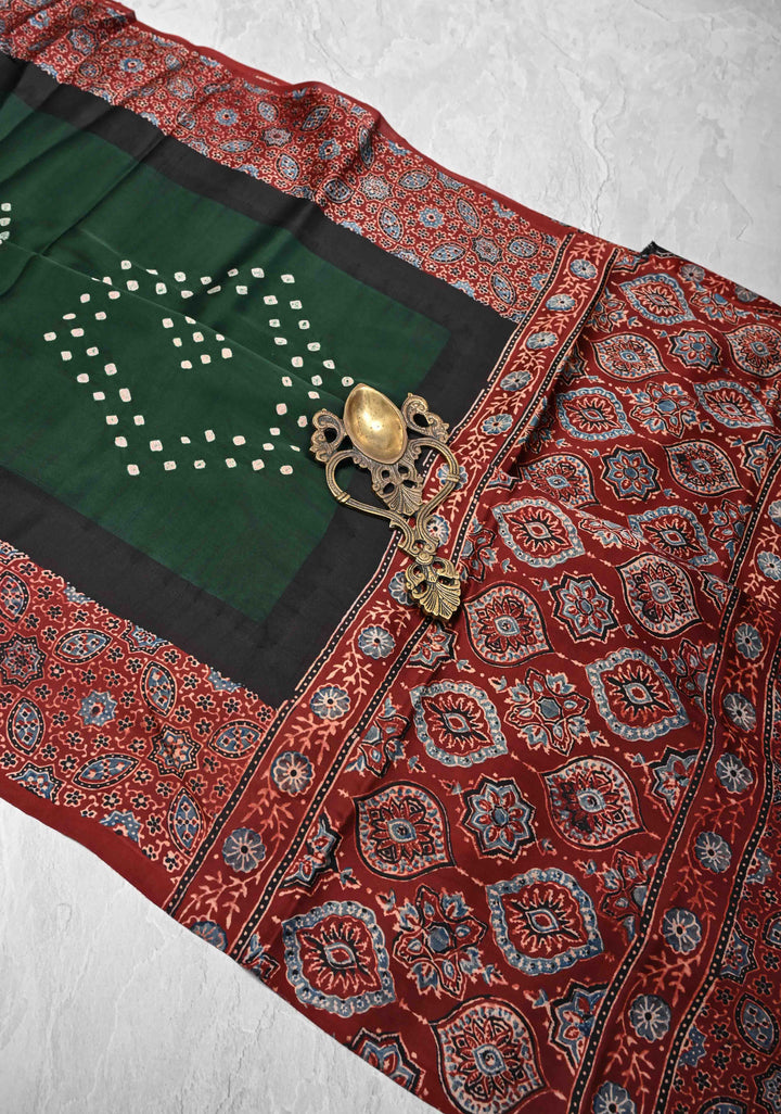 Modal Silk Saree with Sarkam Bandhej Ajrakh Fusion Saree in Bottle Green