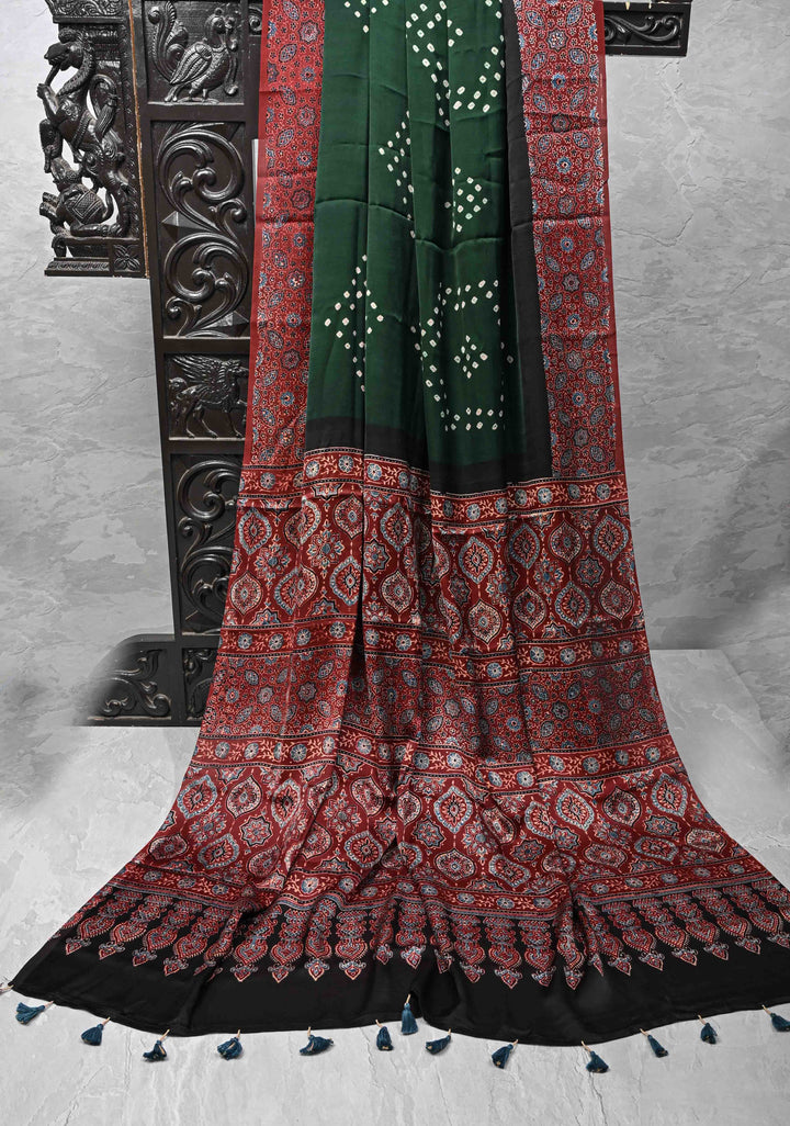 Modal Silk Saree with Sarkam Bandhej Ajrakh Fusion Saree in Bottle Green
