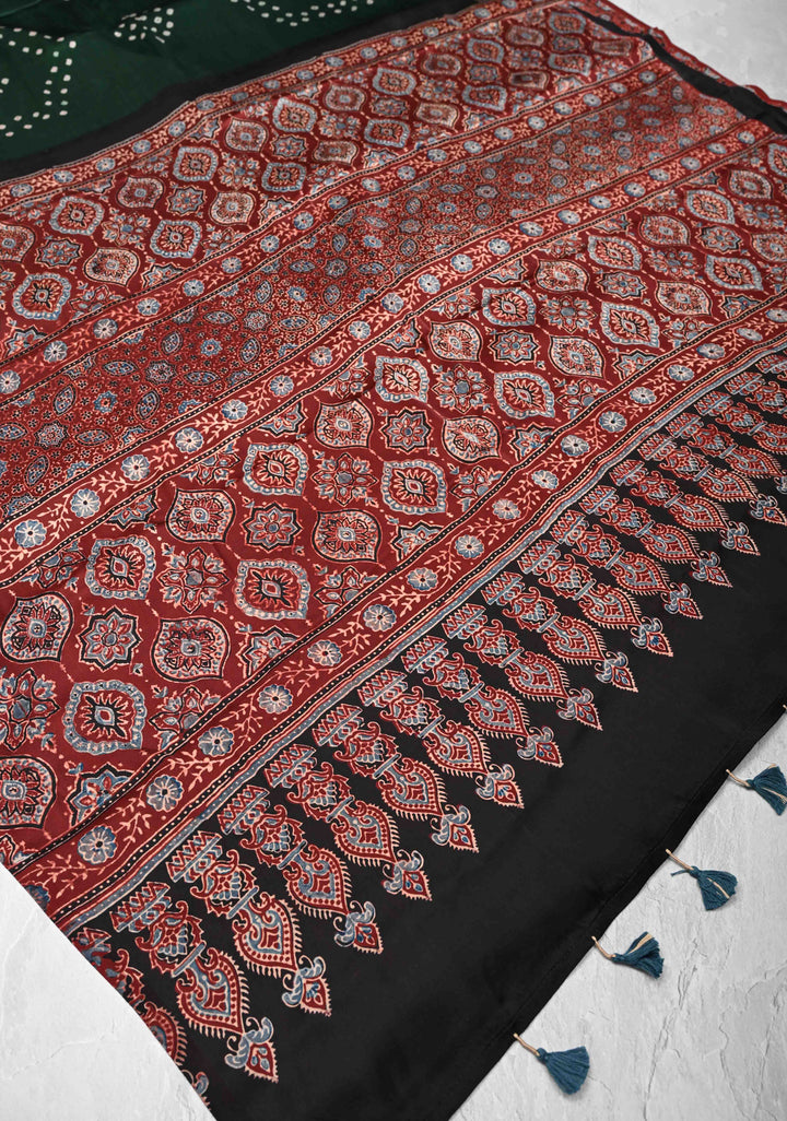 Modal Silk Saree with Sarkam Bandhej Ajrakh Fusion Saree in Bottle Green