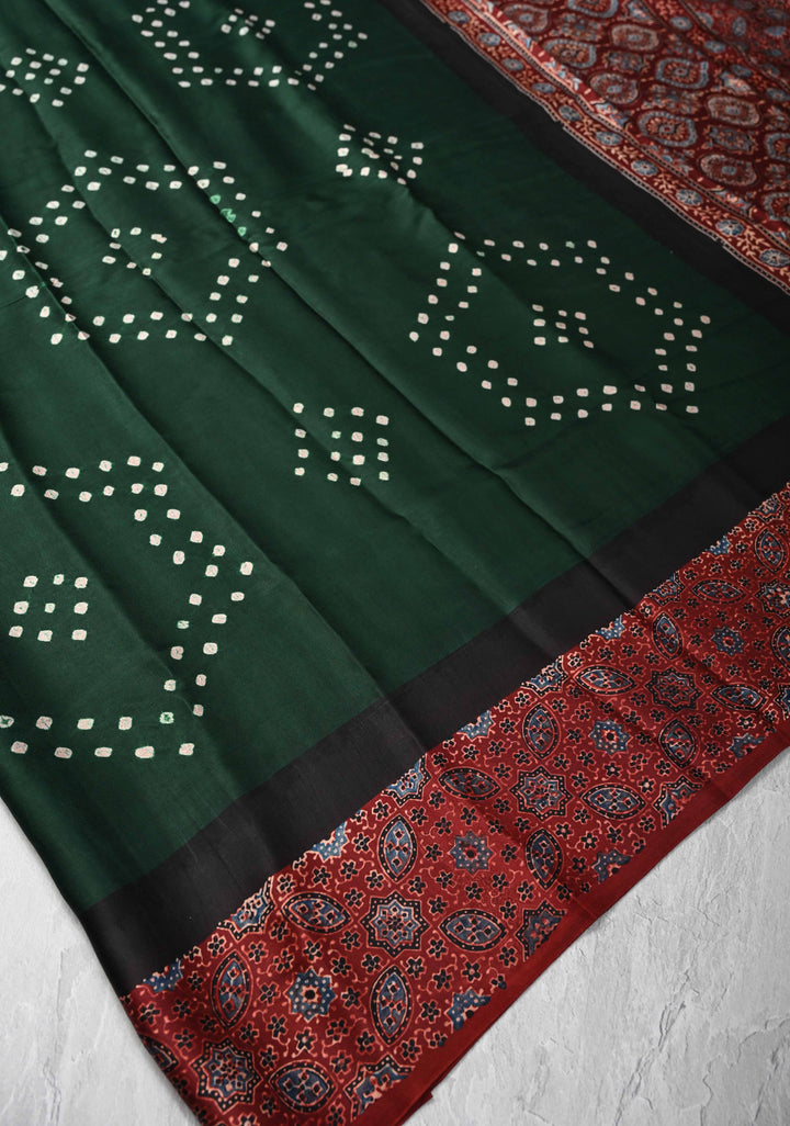Modal Silk Saree with Sarkam Bandhej Ajrakh Fusion Saree in Bottle Green
