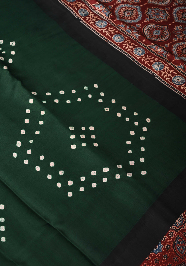 Modal Silk Saree with Sarkam Bandhej Ajrakh Fusion Saree in Bottle Green