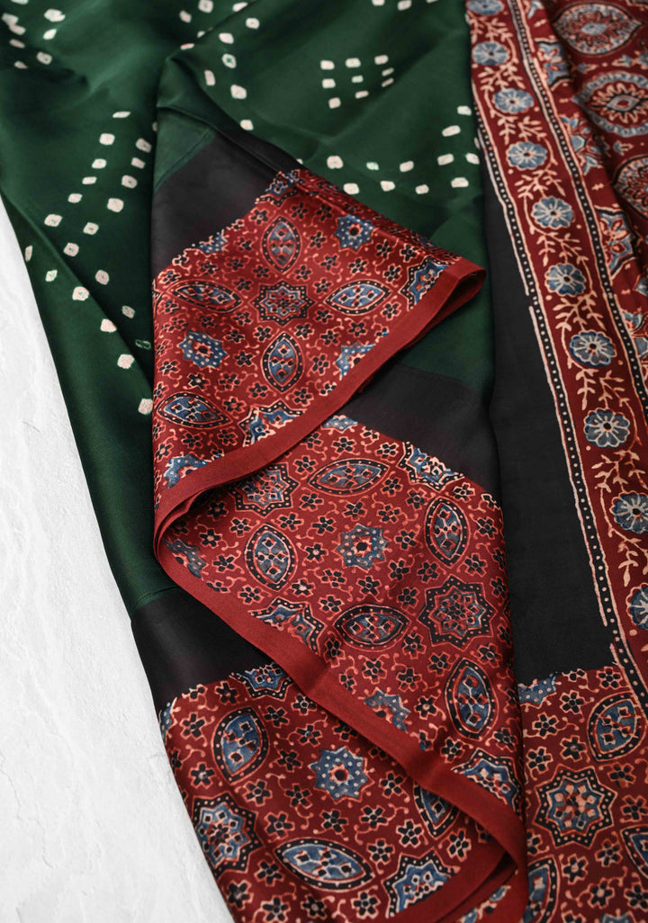 Modal Silk Saree with Sarkam Bandhej Ajrakh Fusion Saree in Bottle Green