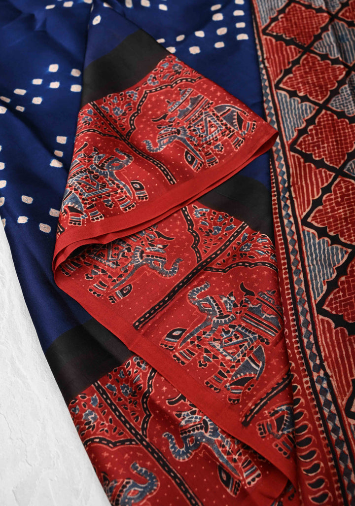 Modal Silk Saree with Sarkam Bandhej Ajrakh Fusion Saree in Dark Sapphire