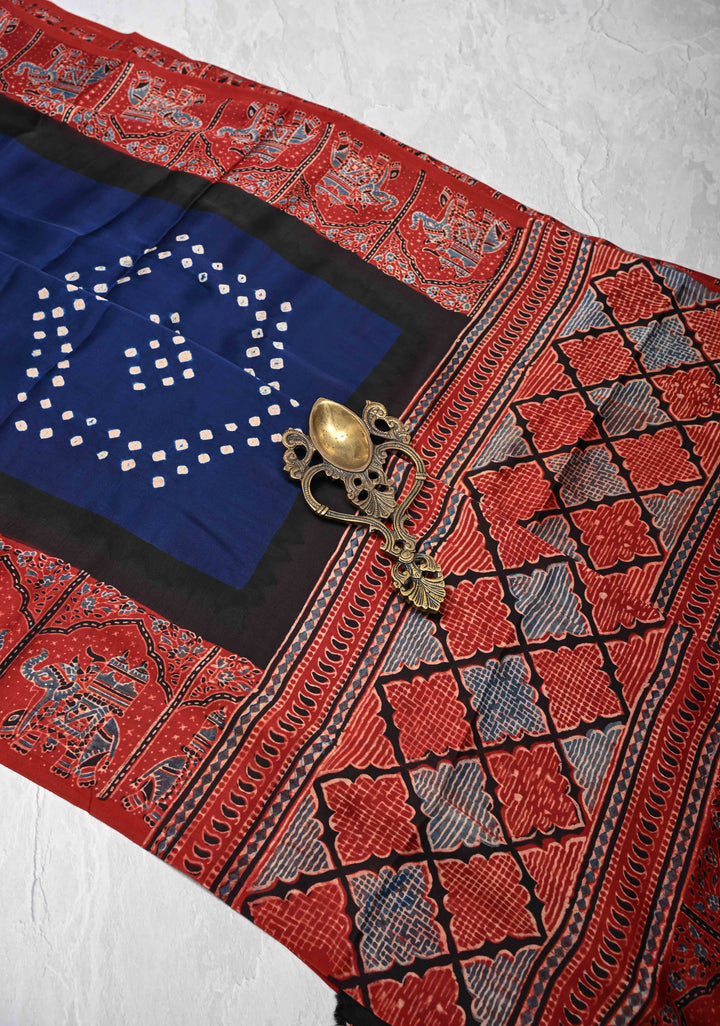 Modal Silk Saree with Sarkam Bandhej Ajrakh Fusion Saree in Dark Sapphire