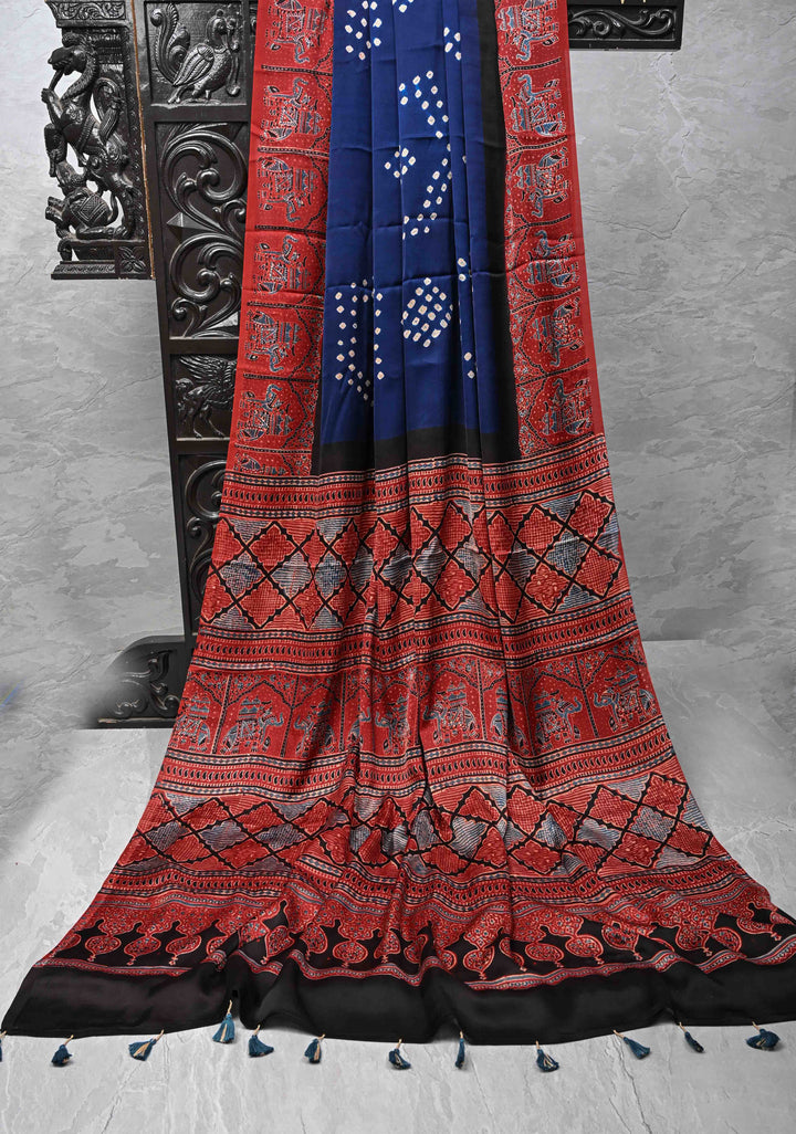 Modal Silk Saree with Sarkam Bandhej Ajrakh Fusion Saree in Dark Sapphire