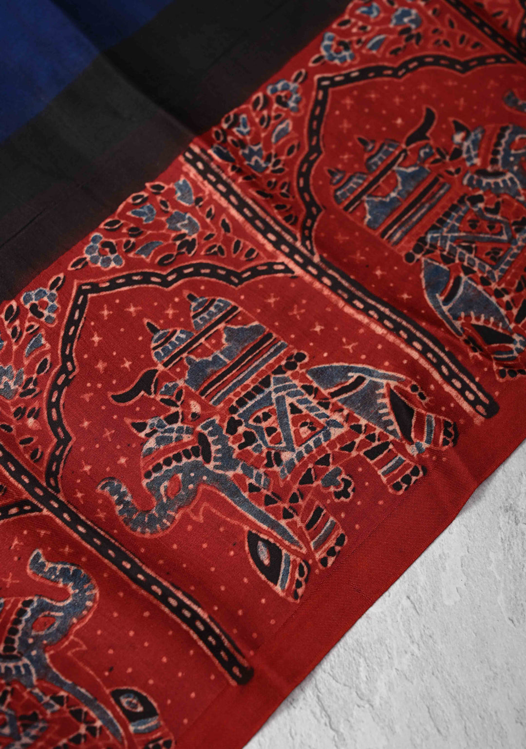 Modal Silk Saree with Sarkam Bandhej Ajrakh Fusion Saree in Dark Sapphire