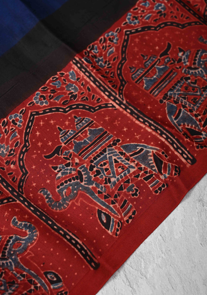 Modal Silk Saree with Sarkam Bandhej Ajrakh Fusion Saree in Dark Sapphire