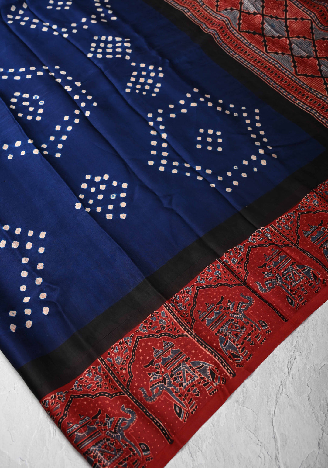 Modal Silk Saree with Sarkam Bandhej Ajrakh Fusion Saree in Dark Sapphire