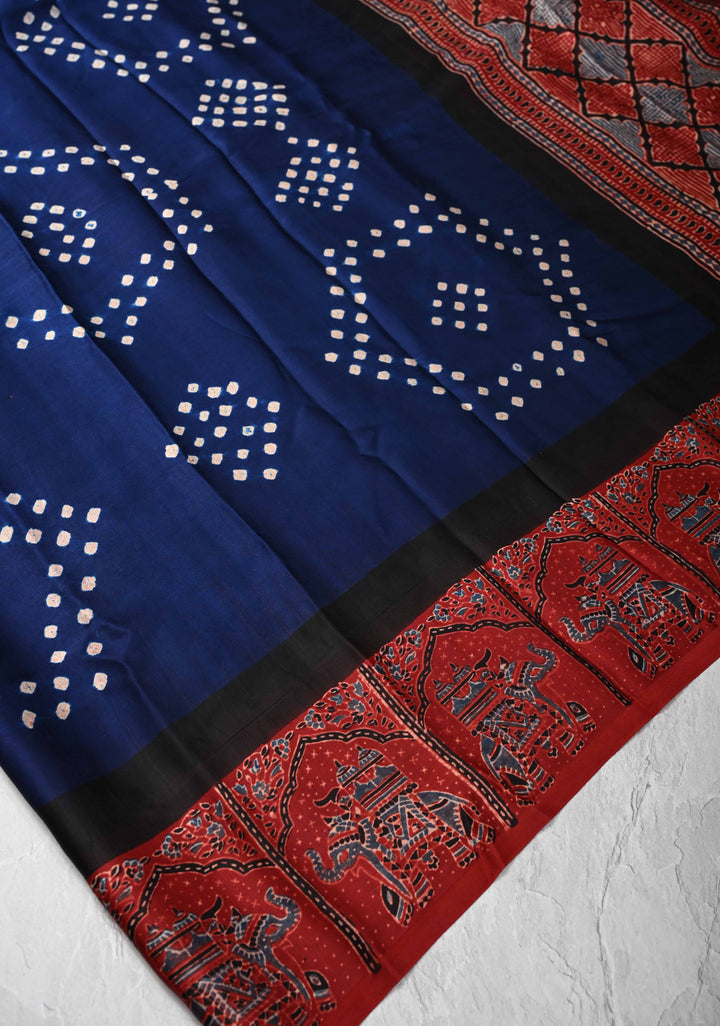 Modal Silk Saree with Sarkam Bandhej Ajrakh Fusion Saree in Dark Sapphire